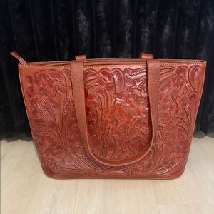 Handmade Alejandro Yeo Floral Embossed Brown Leather Tote Bag